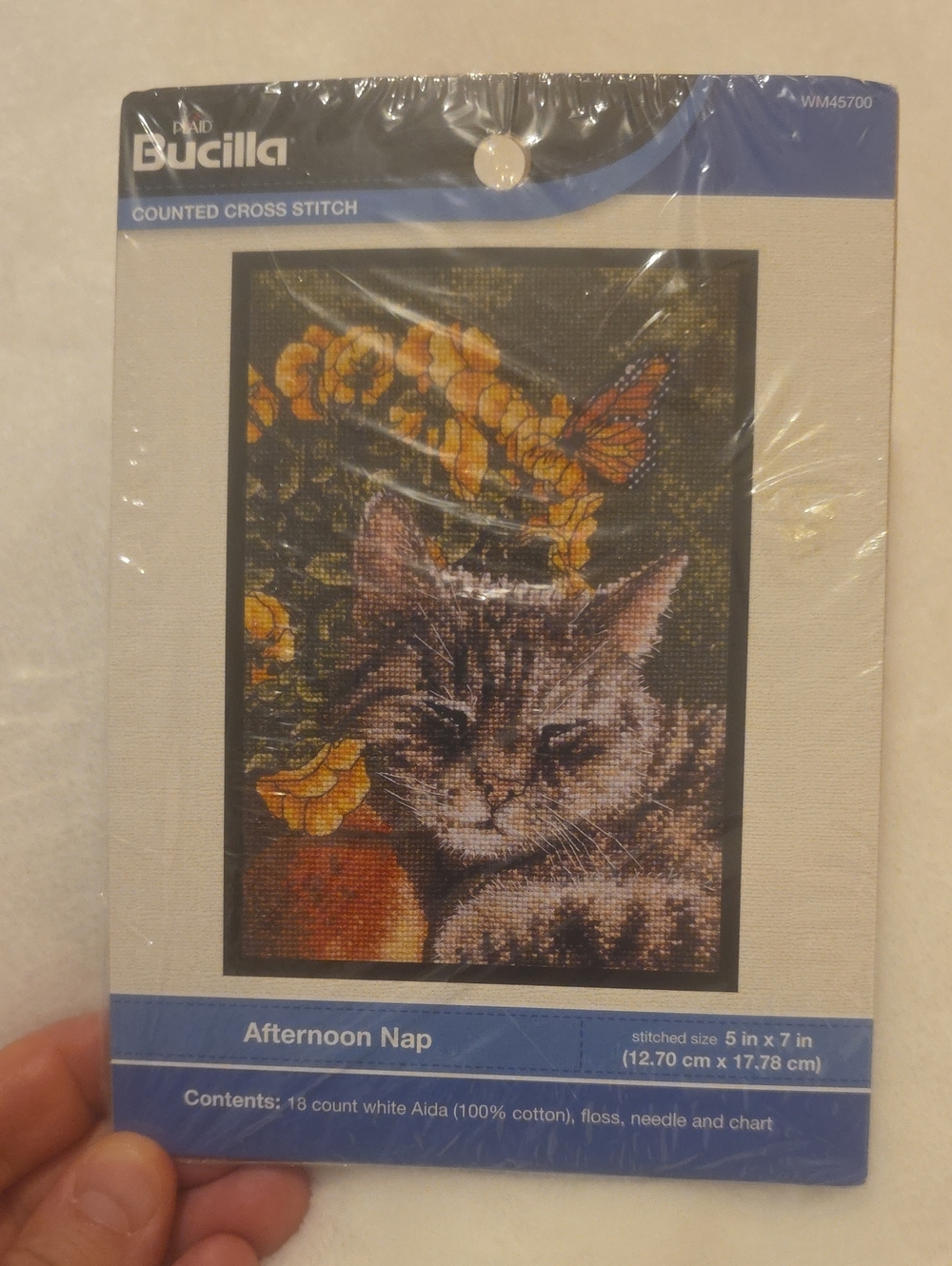 Bucilla Cat Cross Stitch Kit with Yellow and Orange Butterfly